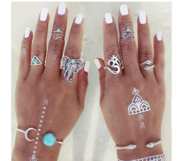 

idealway new in 8 pcs/set bohemian style vintage silver plated elephant sets triangle nail midi rings, Golden;silver