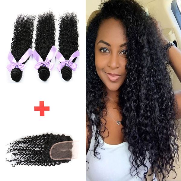 3 Bundles Cambodian Curly Virgin Human Hair Weaves With Closure