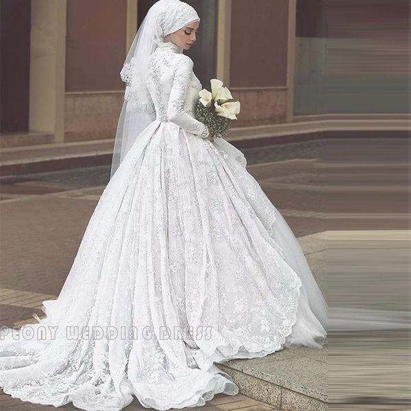 Vestidos de Casamento Do Vintage branco Laço Hijab Muçulmano Tulle Alta Pescoço vestido de Baile Vestido De Noiva Vestidos de Manga Longa De Noiva