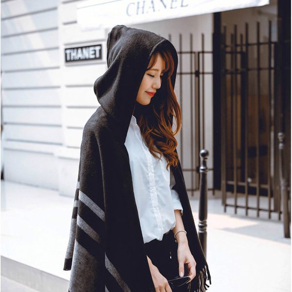 

wholesale-women's wool hooded poncho with hat winter scarves black beige colors z-2116, Blue;gray