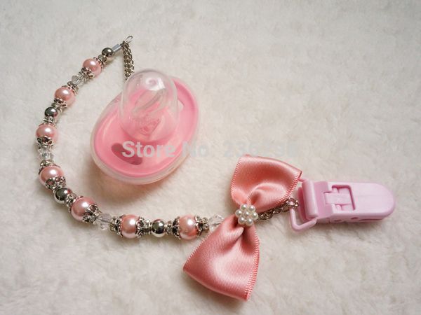 

wholesale-baby stunning princess pink pearl retro hand made pacifier chain /pacifier clips/dummy clip/teethers clip /pacifier holder