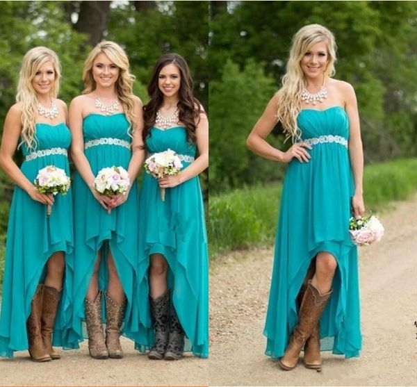 

2017 Chiffon Cheap Teal Turquoise Country Bridesmaid Dresses Sweetheart High Low Long Peplum Wedding Guest Bridesmaids Maid Honor Gowns