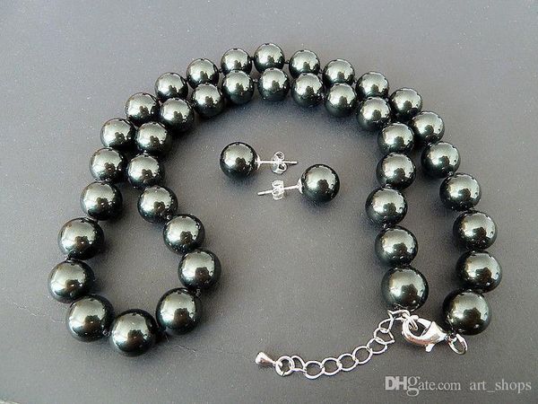 

genuine natural 10mm black shell pearl earring and 18'' necklace set