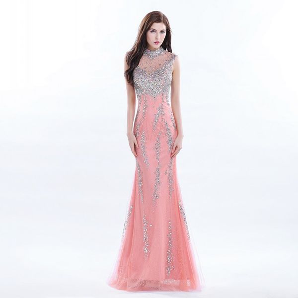 

sparkle high neck floor length lace prom dresses long beading sequins evening gowns back with sheer tulle chic party dress, Black;red