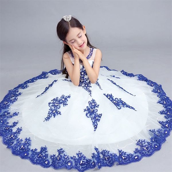 

brand new flower girl dresses with appliques for wedding little girls kids/child dress 2017 new fashion party pageant first communion dress, White;blue