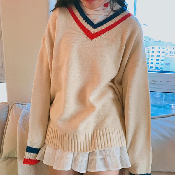 

wholesale- autumn and winter women korean version college wind loose fitting base models v-collar collision color simple sweater knit swea, White;black