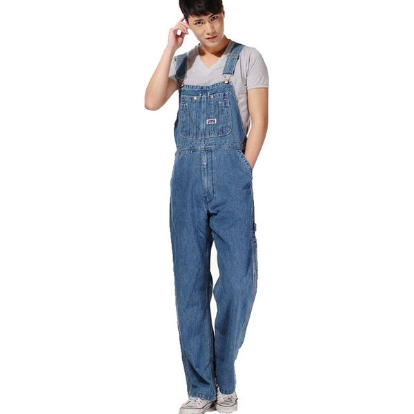

wholesale-men's plus size overalls large size huge denim bib pants fashion pocket jumpsuits male ing, Blue