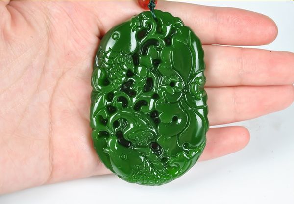 

jasper goldfish lotus hand-carved (oval). necklace pendant., Silver