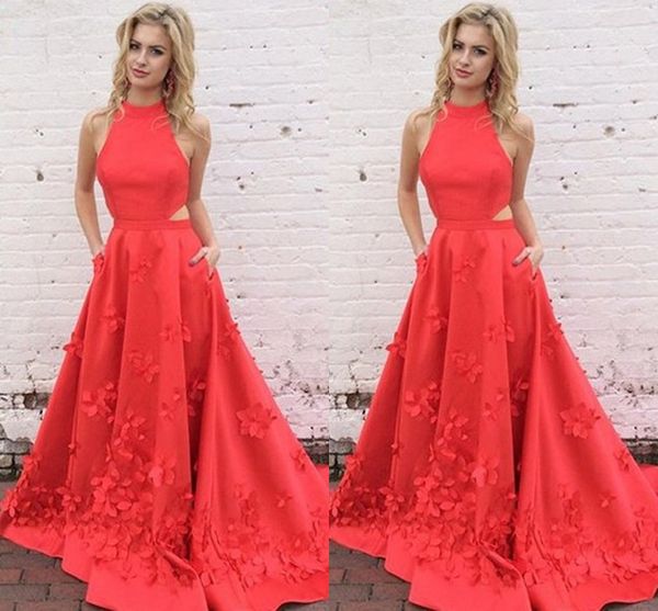 

coral red backless prom dresses 2017 charming high neck cutaway sides handmade petals long homecoming dresses graduation dresses, Black