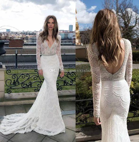 

long sleeve mermaid lace wedding dress berta bridal gown pearls beaded sequin plunging neckline backless wedding gowns, White
