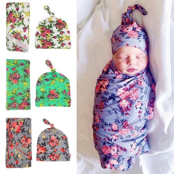 Neugeborenes Baby Swaddling Decke mit Knotenkappen Set Floral Muster Swaddle Baumwolle Infant Wrap Tuch grau grün weiße Roben BHB02