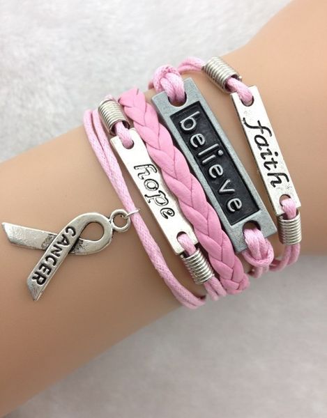 

wholesale- 3pcs love,faith,believe and breast cancer awareness charm bracelet in silver - breast cancer awareness 1726 min order 10$, Golden;silver