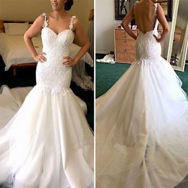 

lace backless spaghetti strap wedding dress mermaid sweetheart tulle applique court train bridal gowns vestidos de novia, White