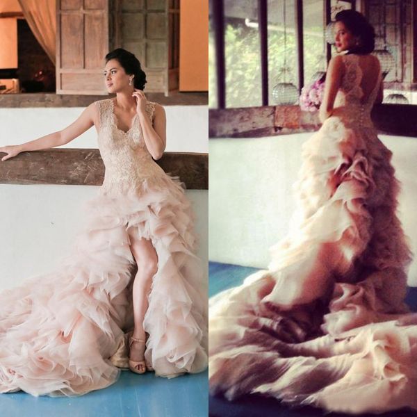 

blush pink organza and lace high low wedding dresses 2016 v neck backless ruffles tiered chapel train bridal gowns custom made en111711, White