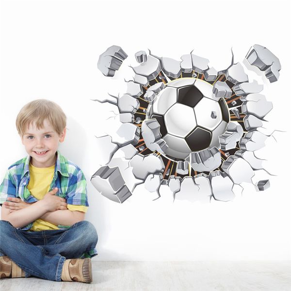 Atacado- 3D de futebol de futebol playground broken wall hole view decals casas adesivo de parede para meninos quarto esportes decoração mural