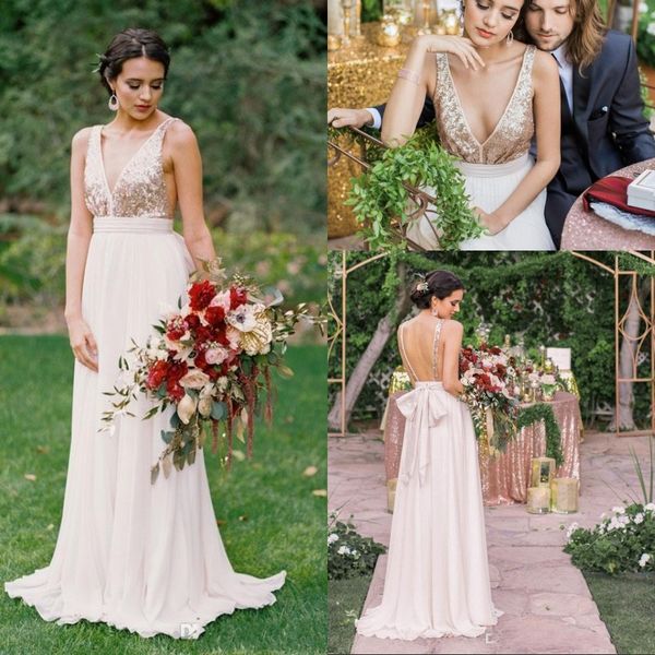 

rose gold sequinned long bridesmaid dresses floor length chiffon pleats 2017 wedding party gowns maid of honor, White;pink