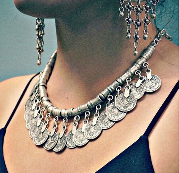 

wholesale-2015 bohemian ethnic antalya yonca tassel necklace silver turkish gypsy boho coachella beach choker bib coin necklace for women