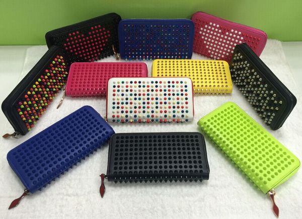 

wholesale long style panelled spiked clutch women's patent leather mixed color rivets party clutches lady long purses with spikes, Red;black