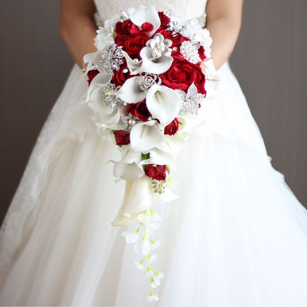 Buquê de flores de casamento cascata branca, buquê de noiva com pérolas de cristal, buquê de casamento de alta qualidade mariage323w