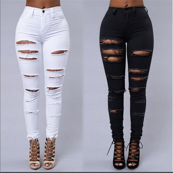 

wholesale- women ripped jeans high waist torn female club denim pants hole knee skinny pencil jean destroyed trousers for girl club wear, Blue