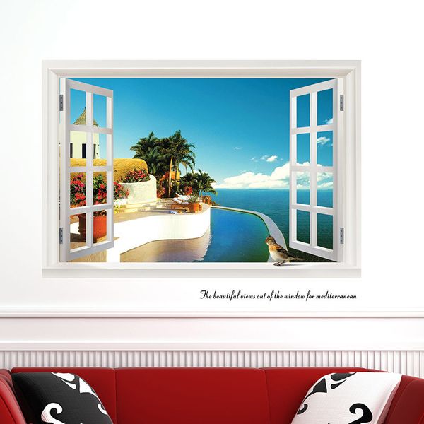

large removable beach sea 3d window view scenery wall stickers home decor decal ing