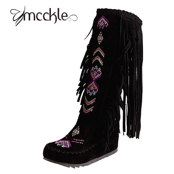 

wholesale-women's knee high fringe boots flock leather embroidery bohemian flat boot 2016 winter fashion women shoes big size 43, Black