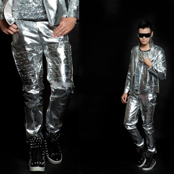 Moda norma rivetto argento pantaloni costume uomo costumi cantante ballerino performance stage indossare abiti spettacolo discoteca festa
