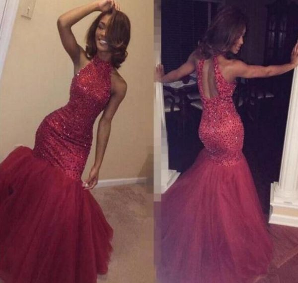

2017 new burgundy beaded halter mermaid prom dresses vestidos de fiesta formal party gown robe de soiree keyhole back evening gowns, Black