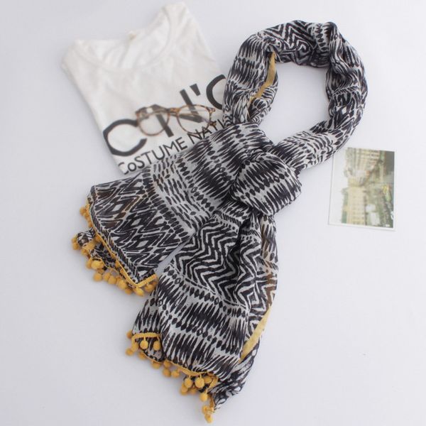 

wholesale- 2016 women geometry pattern pompon trim scarf cotton voile scarf ball trim scarf shawls wraps 5pcs/lot ing, Blue;gray