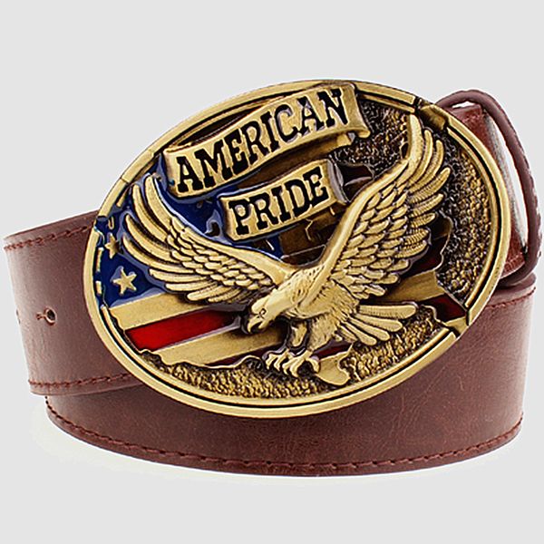 

wholesale- personality men's leather belt bald eagle american pride male leather buckle metal belt flying eagle casual belts gift for m, Black;brown