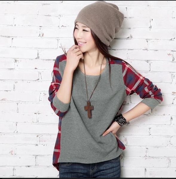 

plaid patchwork long sleeve shirts women casual round neck grid printed blouse checks t-shirts, White