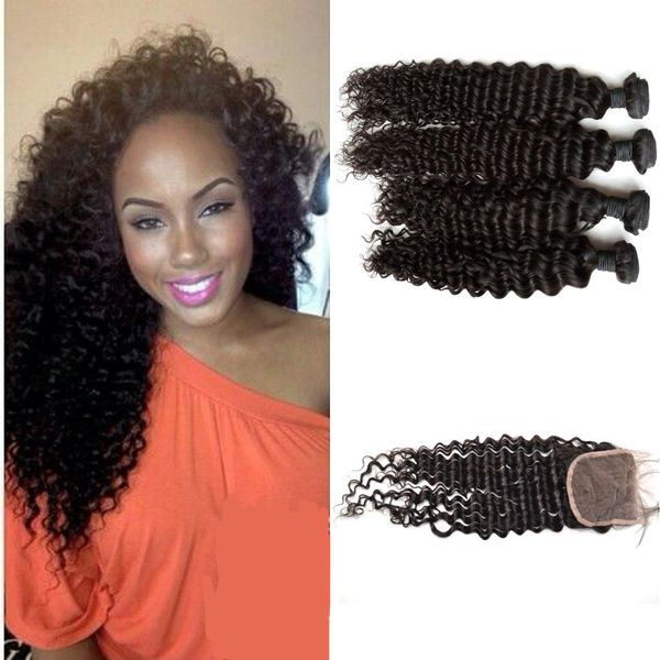 4bundles With Closure Natural Black Virgin Indian Deep Curly Human