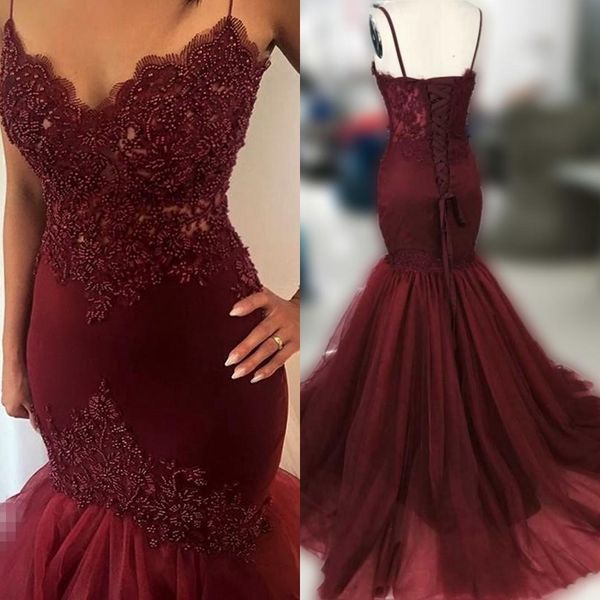 

Heavy beading burgundy mermaid prom dre e heer paghetti trap cor et ruffle kirt weep train evening dre formal gown 2019