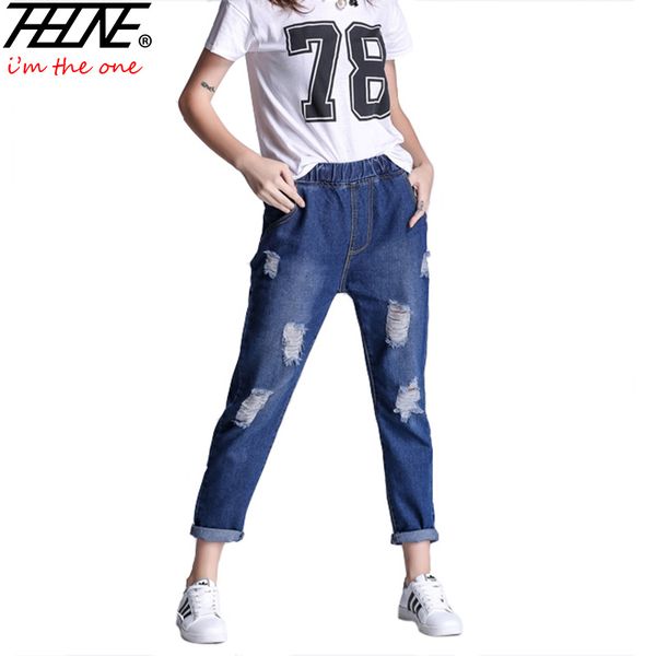 

wholesale- brand jeans women denim pants casual trousers elastic waist plus size 5xl torn loost fit holes high waist ripped jeans female, Blue