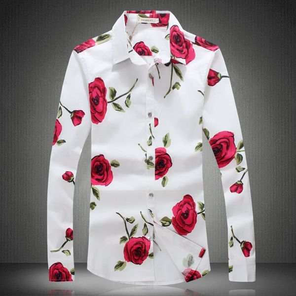 Großhandel - Gute Qualität Blumen bedrucktes Hemd Männer 2016 Neue Mode Plus Größe Slim Fit Langarm Rosenmuster Herrenhemden Camisa Masculina