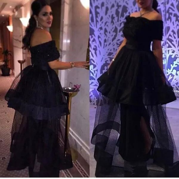 

black arabic prom dresses off shoulder a-line evening dress short sleeves appliques lace formal dress plus size