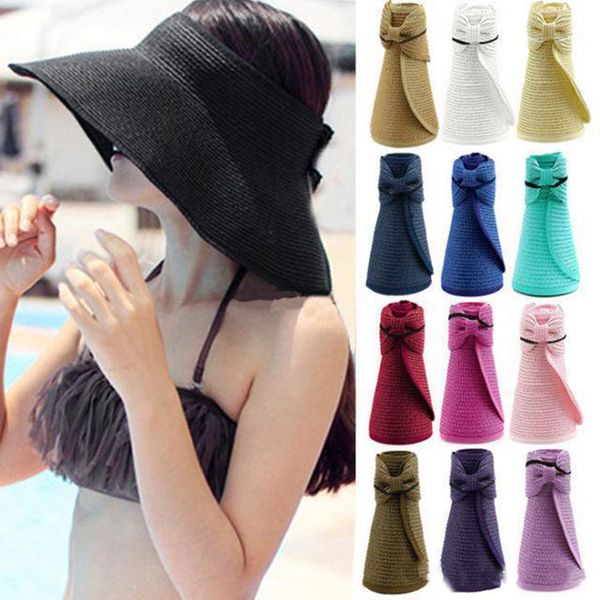 

wholesale- 2016 fashion style women lady foldable roll up sun beach wide brim straw visor hat cap, Blue;gray