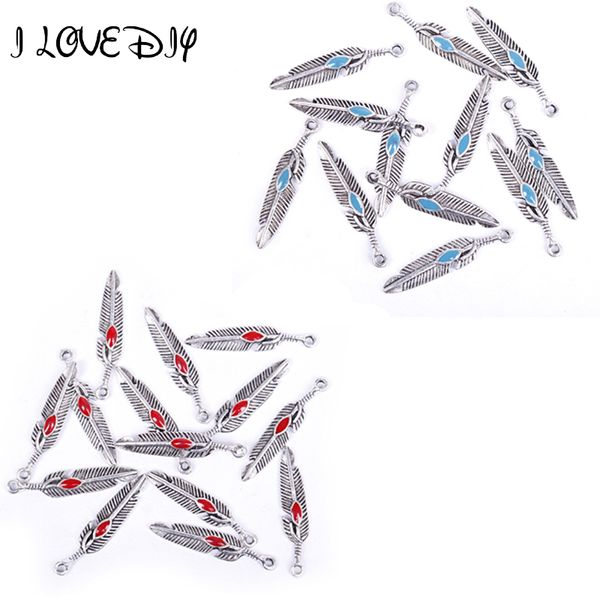 

wholesale- wholesale 100pcs tibetan red blue feather leaf pendent charms silver plated for jewelry necklace making, Bronze;silver