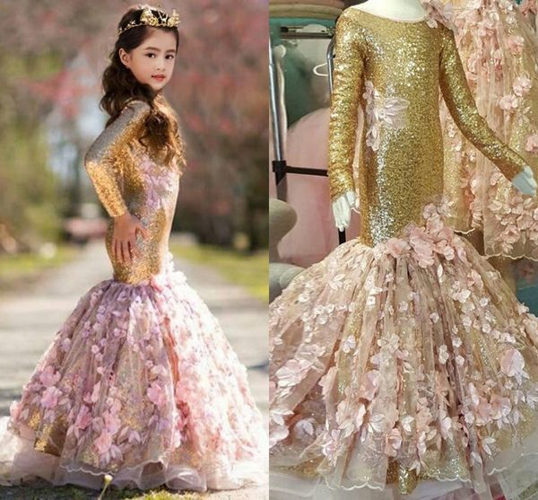 

2018 gold mermaid girls pageant dresses scoop neck long sleeves flowers sequin pageant dresses for girls children party dresses, White;red