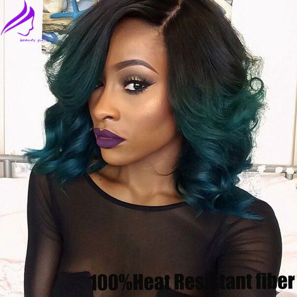 Black To Dark Green Ombre Bob Wigs Synthetic Lace Front Wig Short