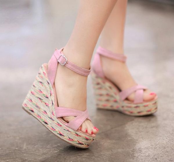 

2017 Bohemian Straw Woven Knitting Micro Suede Black Pink High Platform Wedges Heels Sandals Size 34 to 39