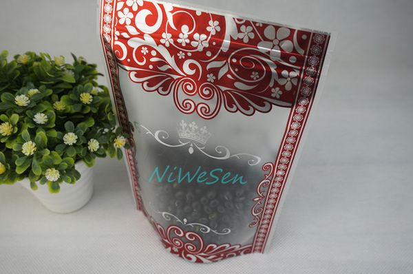 

15x22cm, 100pcs/lot self-standing matte transparent ziplock bag red flower printing, dried apple package doypack, green tea storage bags