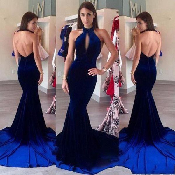 

elegant velvet royal blue halter mermaid evening dresses 2020 backless long sweep train prom dresses front hollow out gowns