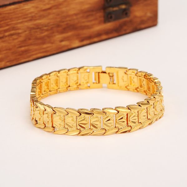 Novos clássicos eternos Pulseira Larga 24k Real Sólido Ouro Amarelo GF Dubai Pulseira Feminina Masculina Pulseira de Relógio Mão da Moda Corrente Jóias