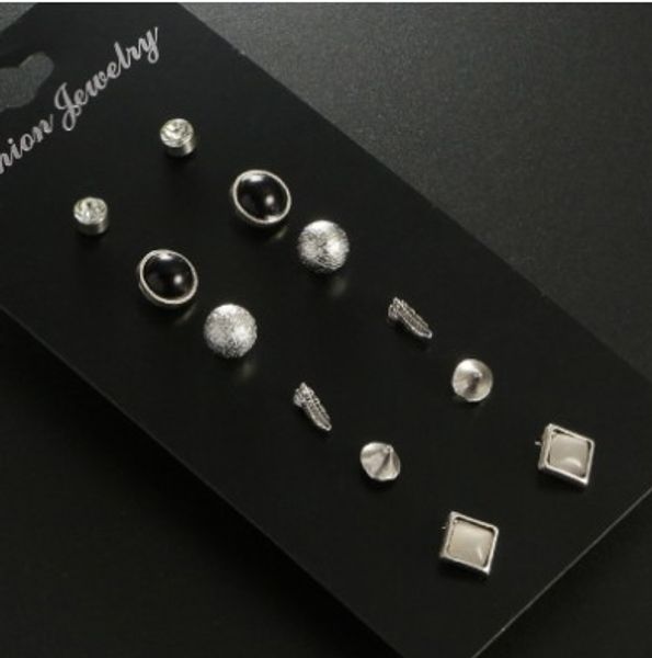 

trendy ear stud sets( 6 pairs each sets) feather black fake gemstone embellished matting ball stud earrings, Golden;silver