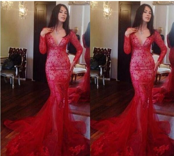 

v neck long sleeve mermaid red evening dresses ruffles tulle with beads appliques court train prom party gowns custom, Black