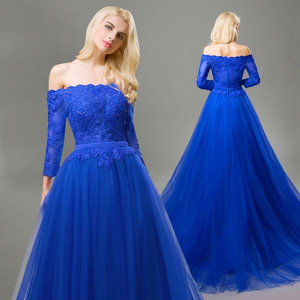 

2020 royal blue lace formal dresses evening wear long sleeve sweep train a line bateau beading prom dresses long elegant plus size
