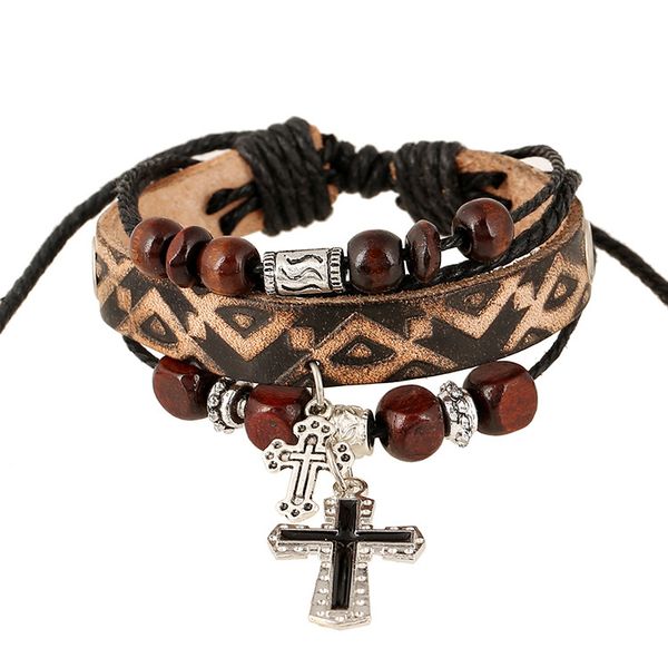 

vintage cross beaded mens bracelet handmade elegant leather bracelets & bangles for women men jewelry fashion accessory, Black