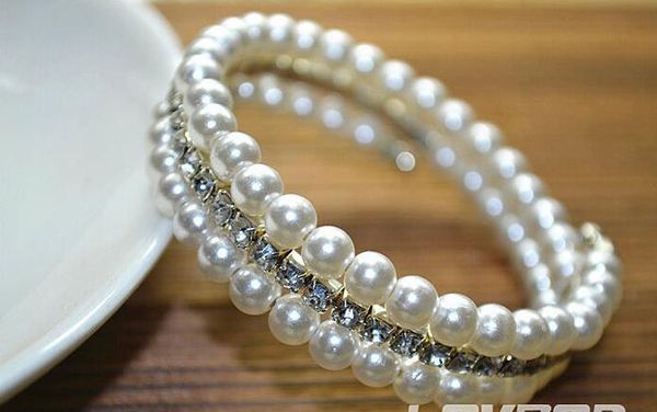 

luxury 3 layers crystal pearl tennis bangle women girls crystal diamond bracelet bridal wedding bangles for party jewelry, Golden;silver