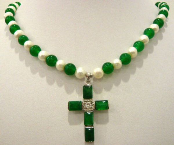 

new white pearl & green jade cross pendant necklace, Silver